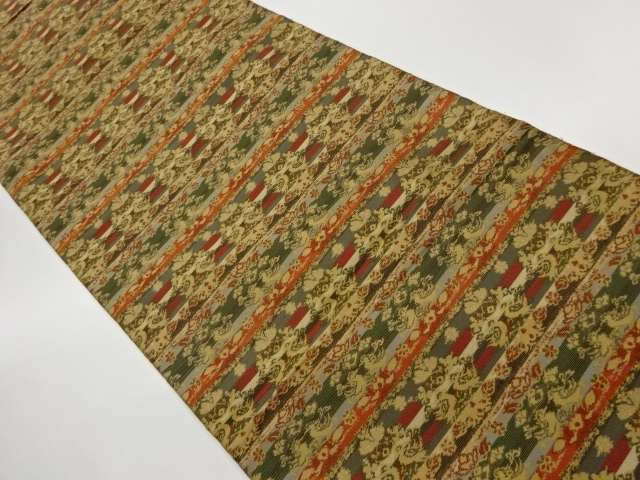 横段に向かい鳥・花葉模様織出し名古屋帯（松葉仕立て）